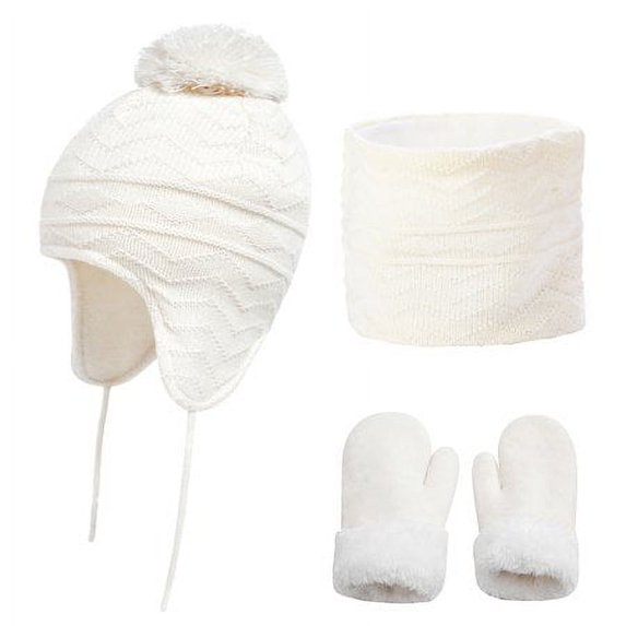 HESHENG 4 Pieces Toddler Winter Knitted Fleece Lined Ear flap Hat Scarf and Warm Gloves Set for Kids Girls Boys 1-6 Years 1-3 Years White
