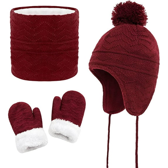 HESHENG 4 Pieces Toddler Winter Knitted Fleece Lined Ear flap Hat Scarf and Warm Gloves Set for Kids Girls Boys 4-6 Years Wine Red