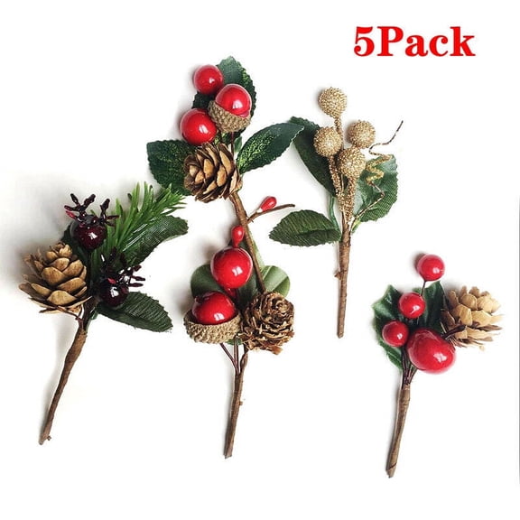 HESHENG 5Pack Artificial Flower Christmas Red Berry Pine Cone Holly Branch Holiday Decor for Xmas Wreath Gifts