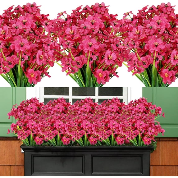 HESHENG 8 Bundles Artificial Flowers Outdoors UV Resistant Plastic Flowers Fake Plants Spring Flowers in Bulk for Indoor Outdoor Cemetery Home Wedding Vase Decorations, Fuchsia