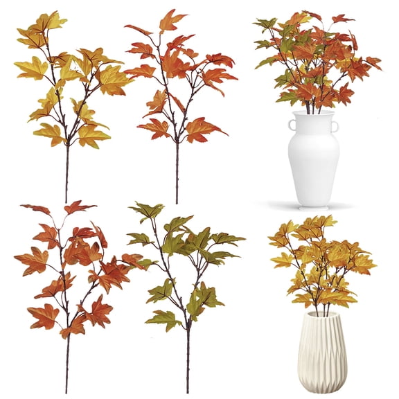HESHENG 8PACK Artificial Maple Leaves Branch Fake Fall Leaves Autumn Shrubs Stems Plants Outdoor For Home Kitchen Thanksgiving Decor Orange