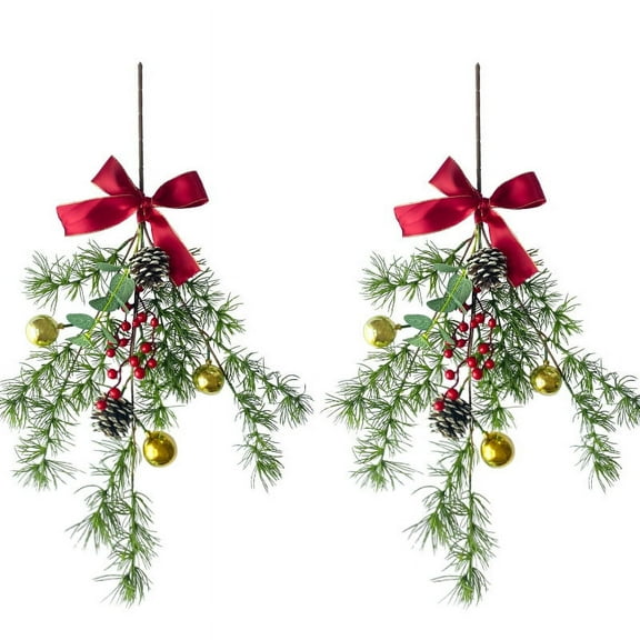 HESHENG Artificial Christmas Pine Needle Swag Wreath, 25'' Artificial Pine Cones Red Berries Branches Teardrop Door Swag Garlands for Front Door Wall Window, 2Pack