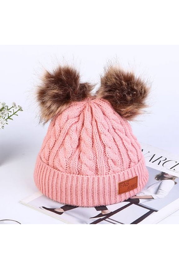 HESHENG Baby Toddler Kids Warm Knitted Fur Pom Bobble Hats Boy Girls Beanie Caps Winter, Light Pink
