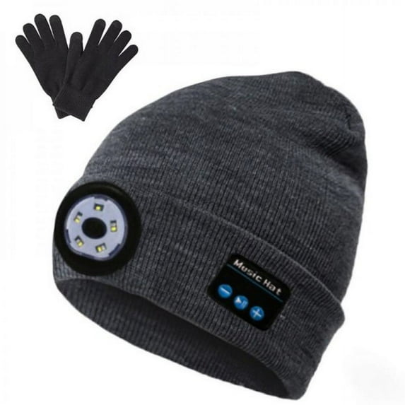HESHENG Bluetooth Beanie Hat with 5 LED Headlight Lighted Beanie Cap Rechargeable with Wireless Bluetooth Winter Warm Knit Hat, Gray