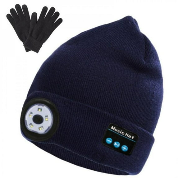 HESHENG Bluetooth Beanie Hat with 5 LED Headlight Lighted Beanie Cap Rechargeable with Wireless Bluetooth Winter Warm Knit Hat, Navy Blue