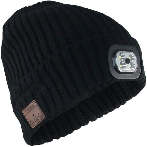 HESHENG Bluetooth Beanie Hat with LED Headlight, Lighted Beanie Cap Rechargeable with Mic Speaker Hands Free Hat Outdoor Sport, Black