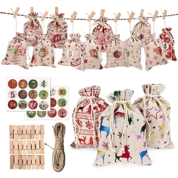 HESHENG Christmas DIY Advent Calendar Countdown Bags Candy Storage Pouches 24 Piece Set for Xmas Home Decor