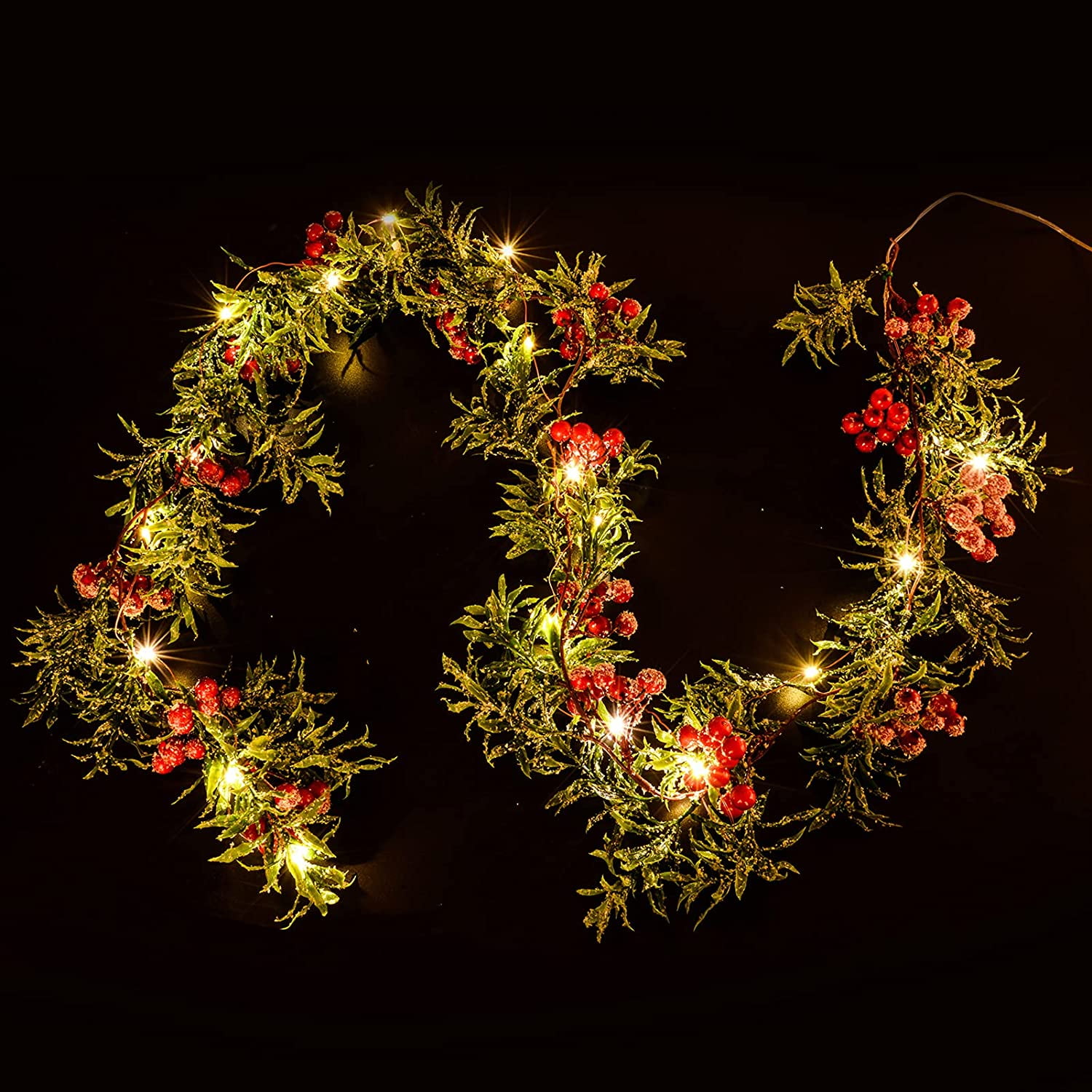 HESHENG Christmas Garland with Lights, 5.9FT 20 LED Red Berry Garland Christmas Decoration for Indoor Outdoor Home Fireplace Decoration for Winter Christmas New Year Holiday Decor