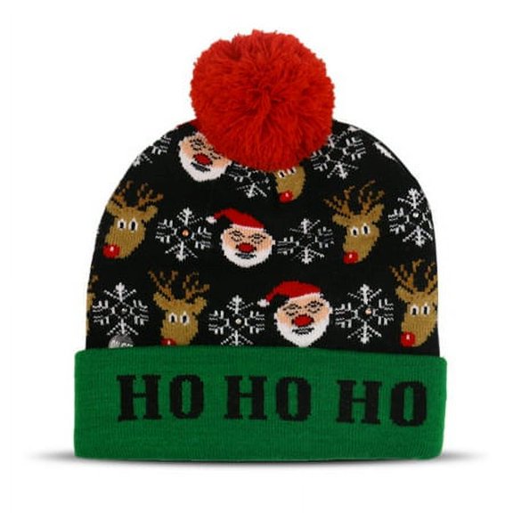 HESHENG Christmas LED Hat Xmas Glowing Knitted Beanie Battery Powered LIght Up Cap for Adults and Kids, Black