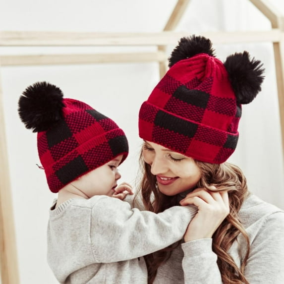 HESHENG Christmas Mother & Baby Hat Parent-Child Hat Family Matching Cap Winter Warmer Plaid Knit Wool Beanie Ski Cap (Baby)