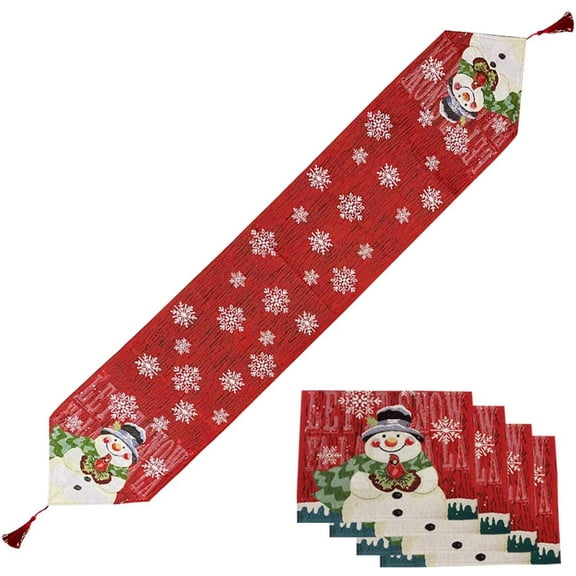 HESHENG Christmas Table Runner with 4 Matching Place Mats Set, Snowflake Snowman Table Runner for Christmas Table Decorations
