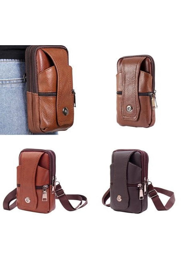 HESHENG Fanny Pack for Men Women - Leather Waist Bag Pack with 3 Zipper - Lightweight Belt Bag for Travel Sports Hiking (Brown)