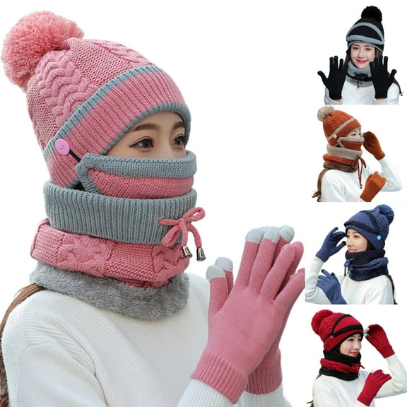 HESHENG Fleece Lined Women Beanie Knit Hat, Winter Scarf Mask Set, Girls Warm Hat Earmuffs Cap with Pom Scarf Set, Beige
