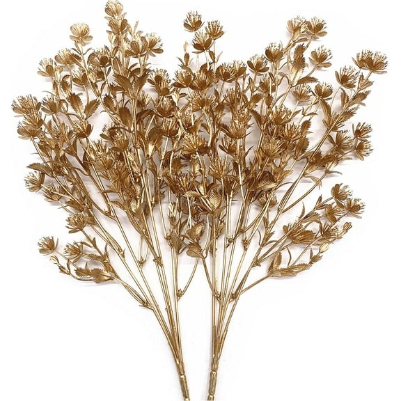 HESHENG Gold Baby Breath Artificial Christmas Flowers, Gypsophila for Wedding Bridal Bouquet Party Indoor DIY Home Hall Table Centerpieces Decoration, 2Pcs