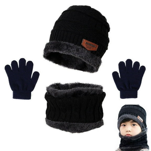 HESHENG Kids Boys Girls Winter Hat Scarf and Gloves Set Fleece Warm Knit Beanie Cap Gift for Winter Outdoor, Black