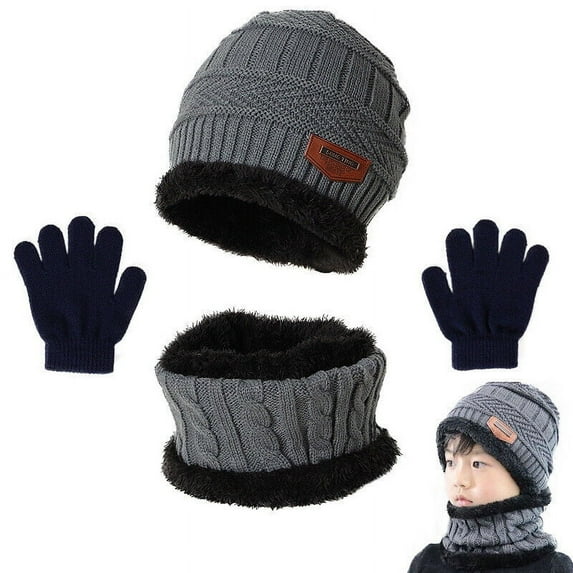 HESHENG Kids Boys Girls Winter Hat Scarf and Gloves Set Fleece Warm Knit Beanie Cap Gift for Winter Outdoor, Gray
