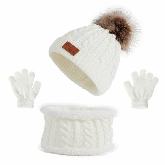 HESHENG Kids Winter Warm Beanie Hat Scarf Gloves Set Thermal Knit Crochet Thick Fluffy Toddler Cap Pom Pom Bobble Hat With Faux Fur For Girls Boys, White