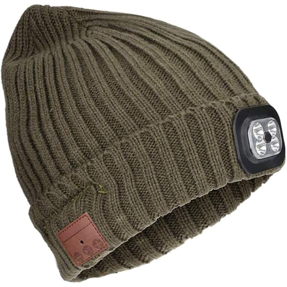 HESHENG Men Women Bluetooth Beanie Hat, Bright Hands-Free LED Headlamp Knitted Hats with Mic Speakers, Gifts for Outdoors Christmas Family Unisex, Army Green