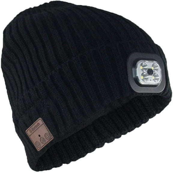 HESHENG Men Women Bluetooth Beanie Hat, Bright Hands-Free LED Headlamp Knitted Hats with Mic Speakers, Gifts for Outdoors Christmas Family Unisex, Black