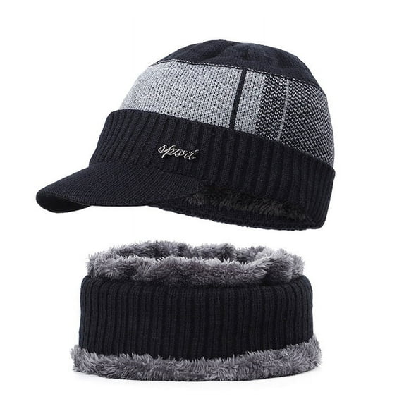 HESHENG Men´s Knitted Hat Collar Two-piece Outfit Men Winter Warm Hat Knit Visor Beanie Fleece Lined Beanie Cap, Black