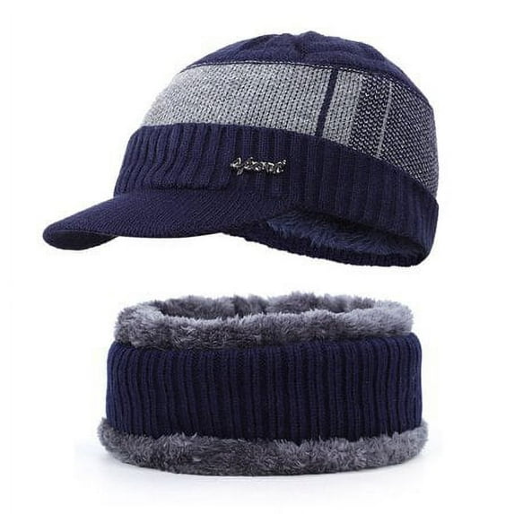 HESHENG Men´s Knitted Hat Collar Two-piece Outfit Men Winter Warm Hat Knit Visor Beanie Fleece Lined Beanie Cap, Navy blue