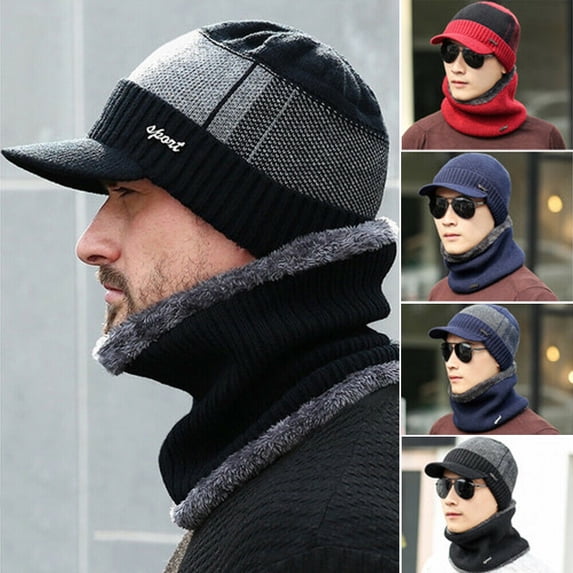 HESHENG Men´s Knitted Hat Collar Two-piece Outfit Men Winter Warm Hat Knit Visor Beanie Fleece Lined Beanie Cap, Red