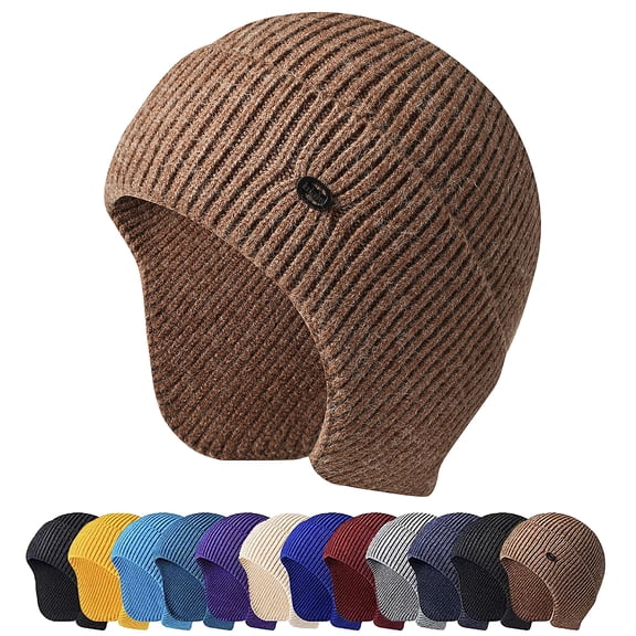 HESHENG Mens Peaked Knit Winter Warm Fleece Lined Cap Hat Beanie Ear Flaps Earmuff Work Outdoor Sports Cycling Hiking Running (Camel)