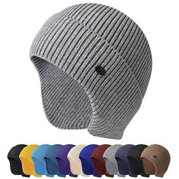 HESHENG Mens Slouchy Beanie Hats Fold-able Knit Skull Caps with Ear Flaps Windproof Elastic Winter Hat (Light Grey)