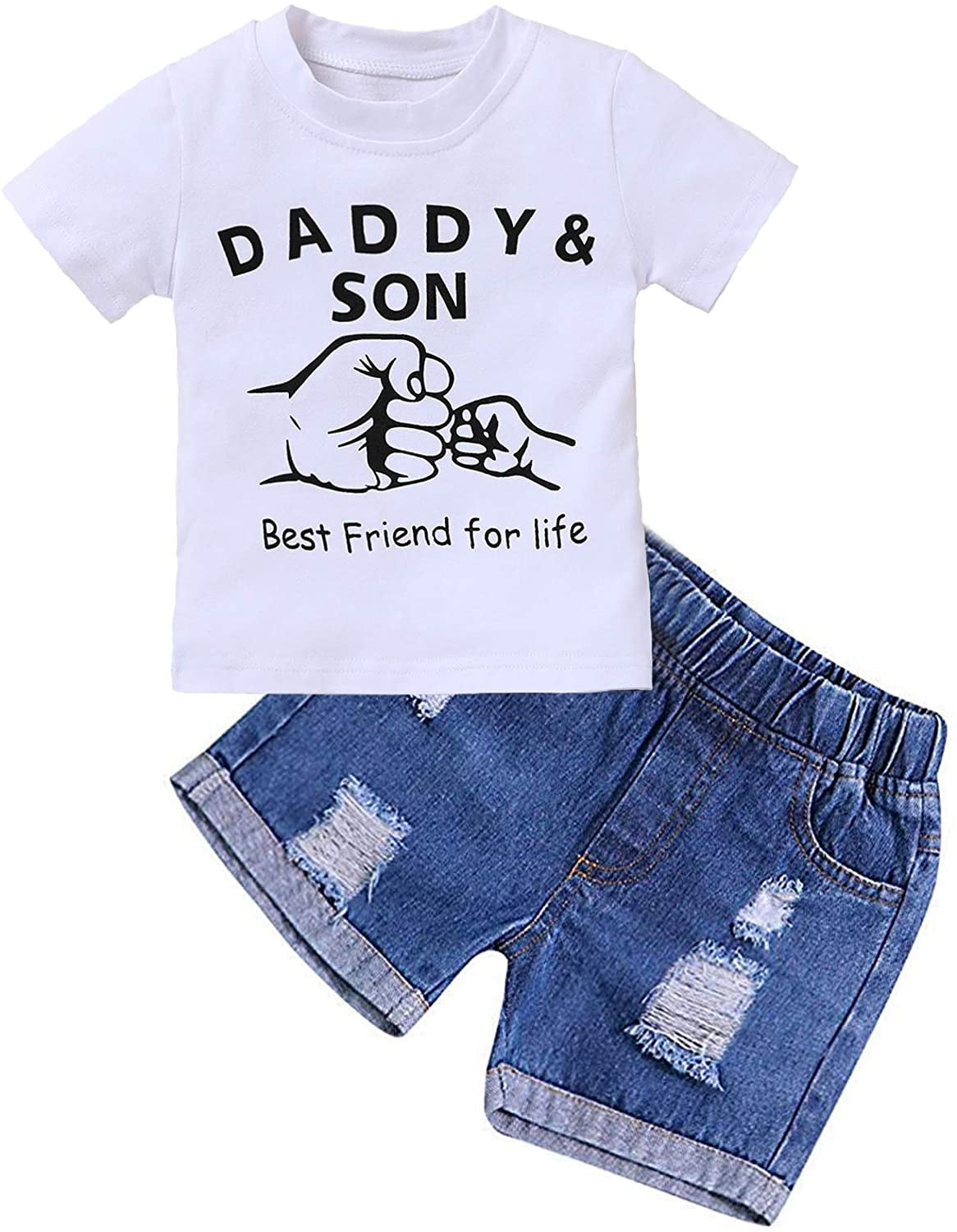 HESHENG Newborn Baby Boys Daddy and Son Summer Clothes Short Sleeve T-Shirt Tops Denim Pants 2Pcs Outfit Set, 6-12M