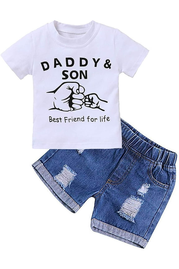 HESHENG Newborn Baby Boys Daddy and Son Summer Clothes Short Sleeve T-Shirt Tops Denim Pants 2Pcs Outfit Set, 6-12M
