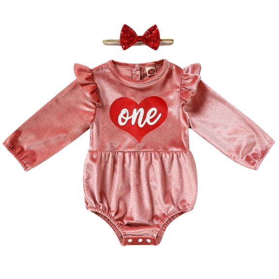 ZOELNIC Newborn Baby Girls One Birthday Velvet Jumpsuits Letter Printed Ruffled Long Sleeves Romper Headband Sets
