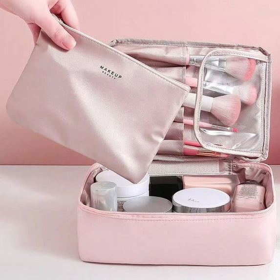 HESHENG Portable Travel Makeup Storage Bag Multifunction Waterproof Cosmetic Organizer Makeup Brushes Train Case with Inner Pouch for Women Girls