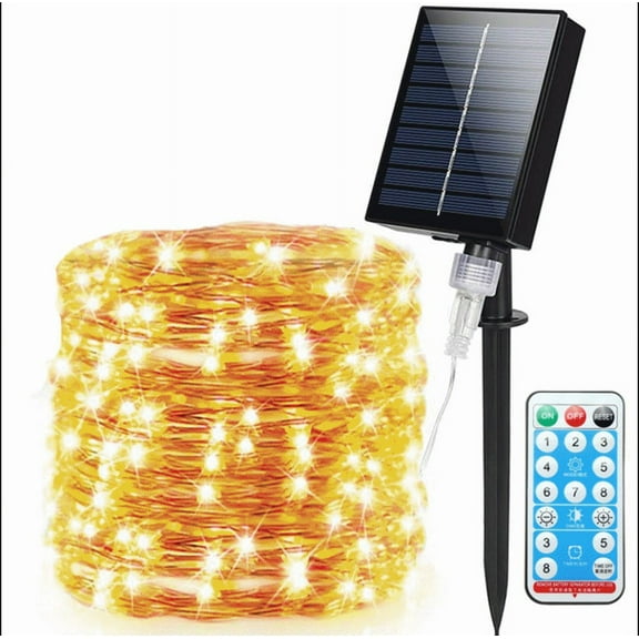 HESHENG Solar String Lights with Remote, 40FT 100LEDs Solar Powered Fairy Lights Waterproof Decorative Rope Lights 8 Lighting Modes for Patio Garden Yard Wedding Party Decorations, Warm White