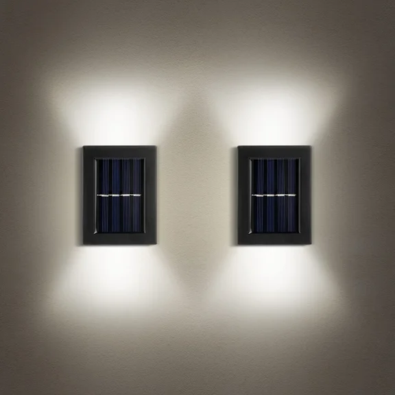 HESHENG Solar Wall Lights Up Down LED Lamps 2 Pack , Waterproof Outdoor Lights for House, Exterior Light Fixture Small, Lampara LED De Pared for Patio, Doors, Fence etc (Cool White)