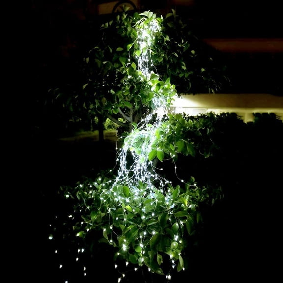 HESHENG Solar Waterfall LED Window Curtain Lights String Fairy Light Wedding Home Garden Christmas Wedding Decor, 100LEDs Copper Wire