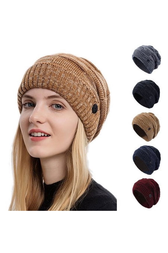 HESHENG Winter Beanie Knitted Hats with Buttons to Hold Face Mask Warm Stretchy Cozy Skull Cap Hat for Women Men, Wine Red