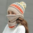 thumbnail image 1 of HESHENG Winter Knitted Beanie Hat Women Face Cover Scarf 3 in 1 Thick Warm Knit Cap with Pompom Cap Set, Beige, 1 of 7