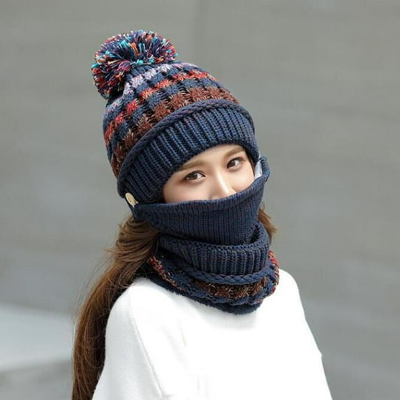 HESHENG Winter Knitted Beanie Hat Women Face Cover Scarf 3 in 1 Thick Warm Knit Cap with Pompom Cap Set, Navy Blue