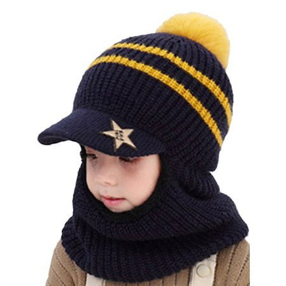 HESHENG Woolen Velvet Kids Boy Girl Winter Peaked Beanie Earflap Hat Knitted Fleece Neck Warm Scarf Cap