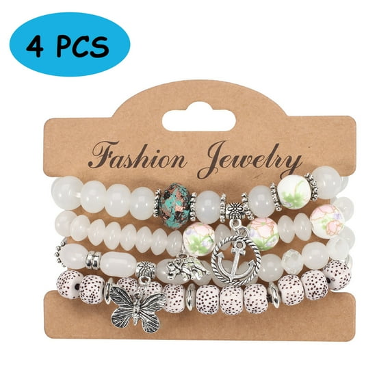 HESHPAWS Bohemian Stretch Anchor Bracelets, 4-Piece Set with Elephant & Butterfly Charms, Retro Design for Women