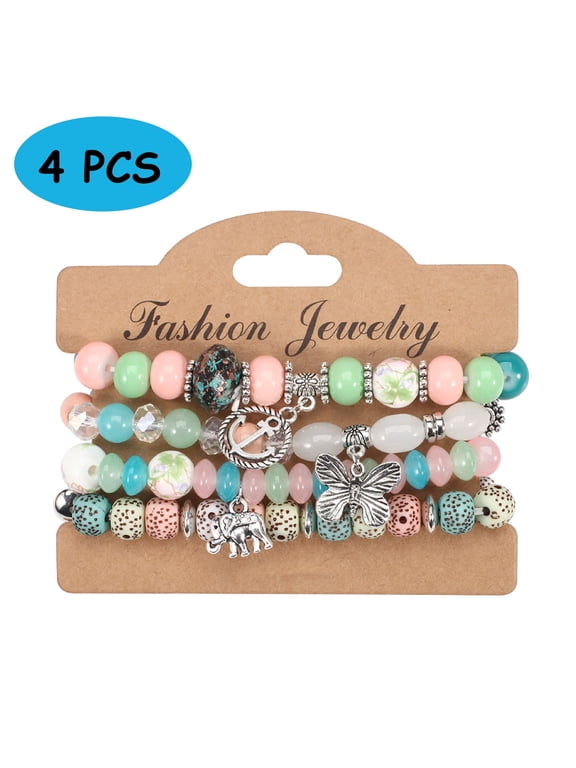 4 PCS Bohemian Stretch Anchor Bracelets Elephant Butterfly Retro Bracelets,Jewelry Gift for Women