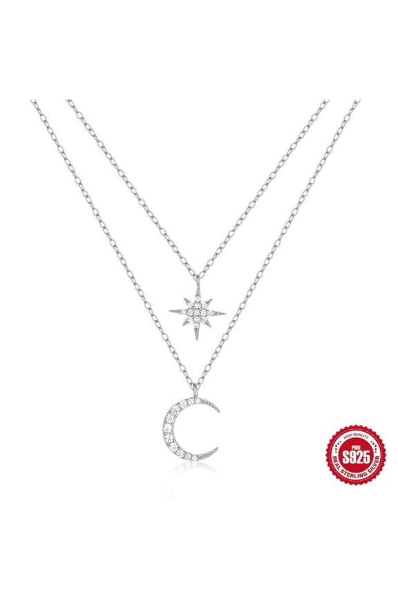 925 Sterling Silver Double Layered Necklace of Stars and Moon, for Women Jewelry Gifts with Gift Box