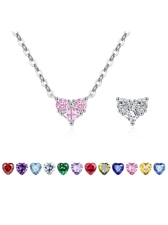 925 Sterling Silver Heart Pendant Necklace for Women.Double Sided Lab Created Gemstone Charm, Dainty Chain, Gift Birthday, Anniversary, Holiday