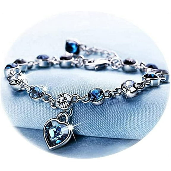 HESHPAWS Fashion Crystal Heart Zircon Bracelet 7.5 in Blue