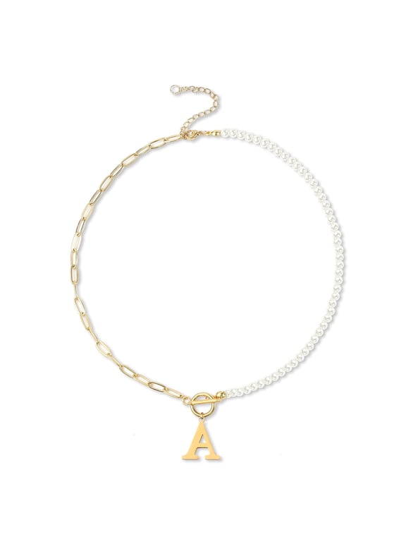 Gold Initial Pearl Necklace for Women, 14K Gold Plated Paperclip Link Chain Necklace Initial Pendant Necklaces A-Z English alphabet necklace Jewelry gifts
