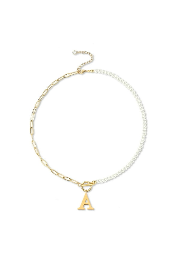 Gold Initial Pearl Necklace for Women, 14K Gold Plated Paperclip Link Chain Necklace Initial Pendant Necklaces A-Z English alphabet necklace Jewelry gifts