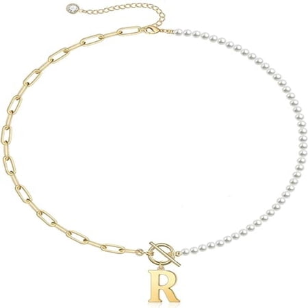 HESHPAWS Gold Initial Pearl Necklace for Women, 14K Gold Plated Paperclip Link Chain Necklace Initial Pendant Necklaces A-Z English alphabet necklace Jewelry gifts
