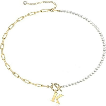 HESHPAWS Gold Initial Pearl Necklace for Women, 14K Gold Plated Paperclip Link Chain Necklace Initial Pendant Necklaces A-Z English alphabet necklace Jewelry gifts