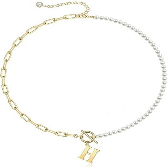 HESHPAWS Gold Initial Pearl Necklace for Women, 14K Gold Plated Paperclip Link Chain Necklace Initial Pendant Necklaces A-Z English alphabet necklace Jewelry gifts