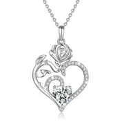 HESHPAWS 925 Sterling Silver Birthstone Necklace Rose Flower Heart Pendant Jewelry ， Love Pendant Necklaces for Women With Birthstone Zirconia Christmas Valentines Mother's Day Gifts for Women Mom